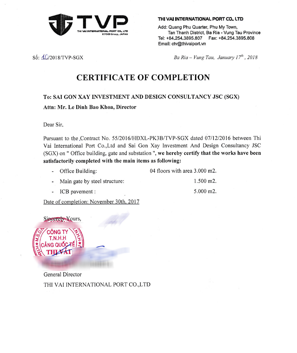 giấy chứng nhận hoàn thành các hạng mục công trình tại Cảng Quốc tế Thị Vải